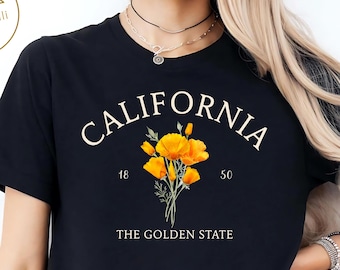 Camiseta de California, Camiseta del Estado Dorado, Camiseta con Flor de Amapola, Camiseta Botánica Floral Minimalista, Regalo de Naturaleza con Flores Silvestres, Unisex