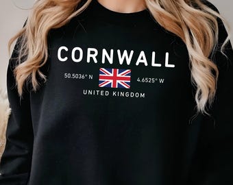 Cornwall United Kingdom Sweatshirt, UK Union Jack Top, South West England Travel Souvenir Sweater, British Coastal Pullover Gift