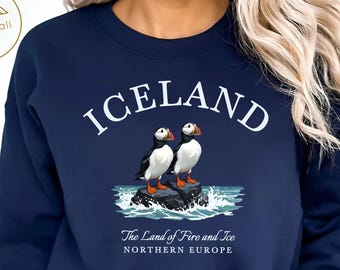 Iceland Sweatshirt, Atlantic Puffin Bird Sweater, Land of Fire and Ice Pullover, Northern Europe Travel Souvenir Top, Nature Lover Gift