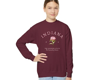 Indiana Peony Floral Youth Crewneck Sweatshirt, State Flower Youth Sweater