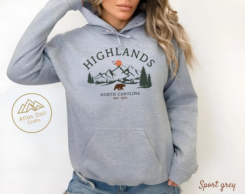Highlands Hoodie, North Carolina, Bear Pullover, Mountain Hiking, Vintage Nature Top, Blue Ridge Apparel, Outdoors Gift, Unisex Sweater, oversized clothing, baggy womens sweater, plus size for woman, soft mens crewneck, matching family trip