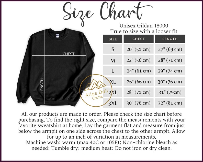 May include: Black Gildan 18000 sweatshirt with a size chart. The chart includes chest and length measurements in inches and centimeters for sizes S to 3XL. The text reads "True to size with a looser fit."