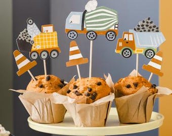 Construction Cupcake Toppers Set, Vehicle Cake Picks, Builder Theme Party Decorations, Construction Digger Birthday Cake Party Theme