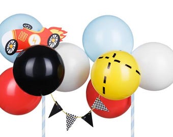 Racing Car Balloon Cake Topper Kit, Kids Birthday Cake Decor, Car Party Theme, Boy Birthday Cake Decorations, Blue Red Yellow Chequered Flag