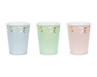 Pastel Party Cups - 6er-Pack - Blau, Grün & Pink Pastellfarbenes Partygeschirr, Papier Party Cups, Pastell Partydekorationen, Einhornschleifen