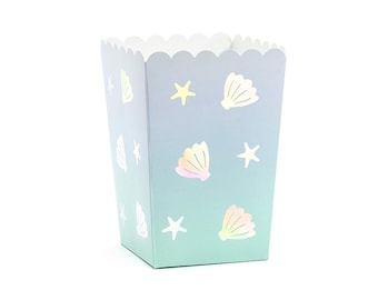 Narwal Popcornboxen, Gastgeschenkboxen, Unter der Meeresparty, Pastellblaugrün-irisierende Muscheln 6er-Set, Kinderparty-Snackboxen Meerjungfrau