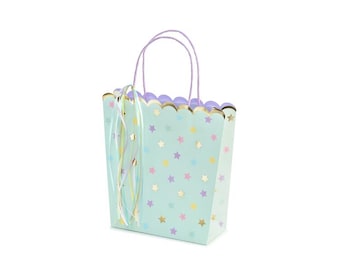 Mint Green Gift Bags with Pastel Stars | Small Party Gift Bags with Ribbon Detail | Kids Birthday Party Bags | Mint and Gold Gift Packaging