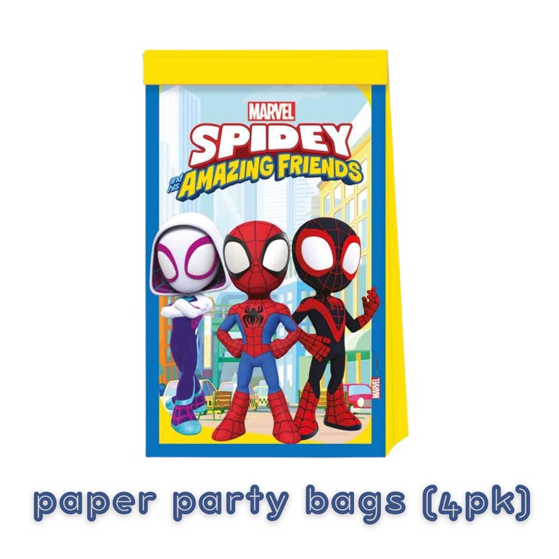 May include: A yellow and blue paper party bag featuring the Marvel Spidey and His Amazing Friends logo with illustrations of Ghost-Spider, Spidey, and Spin standing in a city setting. The bag has a bright yellow top border and blue side panels.