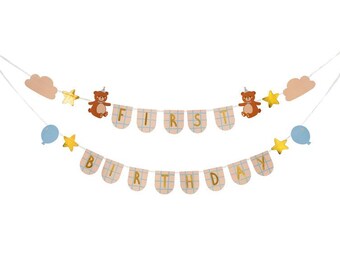 Teddybär Erster Geburtstag Banner - 1. Geburtstag Party Banner, Alles Gute zum Geburtstag Banner, Dekorationen zum ersten Geburtstag, Geschlecht Neutral Kinder Party