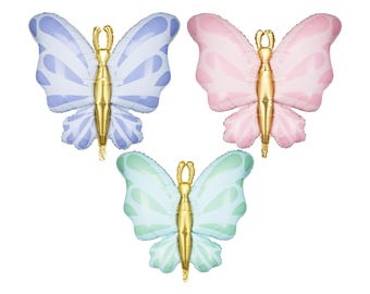 Butterfly Foil Balloon, Blue Pink Mint, Large Birthday Party Decoration, 69 cm
