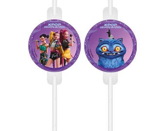 K-Pop Demon Hunters Drinking Straws - 4 Pack | KPop Kids Birthday Party Tableware | Eco-friendly Paper Straws | Fully Licensed