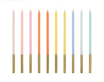 Tall Colourful Birthday Candles, Tall Cake Candles, Gold Tip, 14cm, Set of 10, Rainbow Party Candles, Cake Décor, Birthday Party Supplies