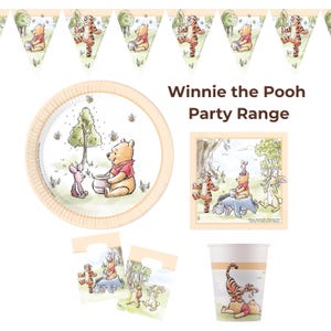 May include: A Winnie the Pooh party supply set featuring a bunting banner, a round paper plate, a square napkin, two small gift bags, and a paper cup. All items display classic illustrations of Pooh, Piglet, Tigger, Eeyore, and Rabbit.