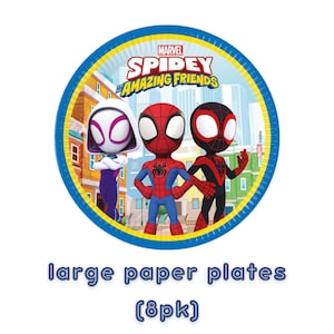 May include: A round paper plate featuring the Marvel Spidey and His Amazing Friends logo with Ghost-Spider, Spidey, and Spin characters in front of a city background. The plate has a blue and yellow border and is sold in an 8-pack set.