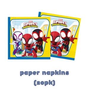 May include: Two square paper napkins featuring the Marvel Spidey and His Amazing Friends logo with colorful illustrations of Ghost-Spider, Spidey, and Spin in a city setting. The napkins have a yellow border and blue edges, sold in a 20-pack.