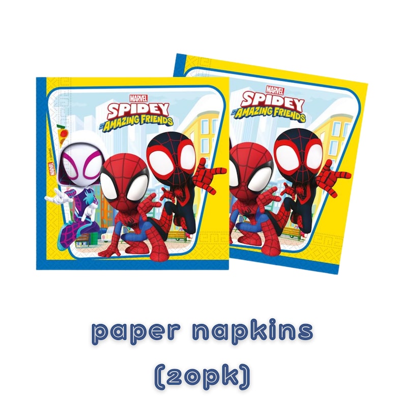 May include: Two square paper napkins featuring the Marvel Spidey and His Amazing Friends logo with colorful illustrations of Ghost-Spider, Spidey, and Spin in a city setting. The napkins have a yellow border and blue edges, sold in a 20-pack.