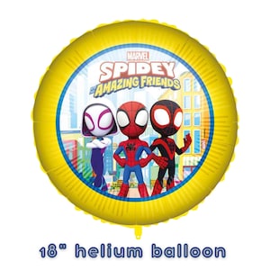 以下が含まれることがあります： マーベルのスパイダーマンとアメイジング・フレンズのキャラクターが描かれた、丸い黄色の18インチ（45.7 cm）のヘリウムバルーン。バルーンは、スパイディ、ゴースト・スパイダー、マイルズ・モラレスが描かれた青と白の円形デザインです。パーティーに最適です。