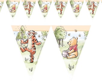 Winnie The Pooh Paper Triangle Flag Banner | Pooh Bear Bunting | Garland Gender Neutral Baby Shower or 1st Birthday Decoration