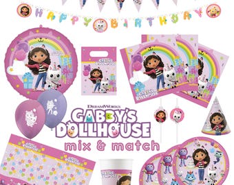 Gabbys Puppenhaus Geburtstag Partyzubehör Set | Teller, Tassen, Servietten, Banner, Folienballons, Latexballons, Partytüten, Gabbys Aufkleber