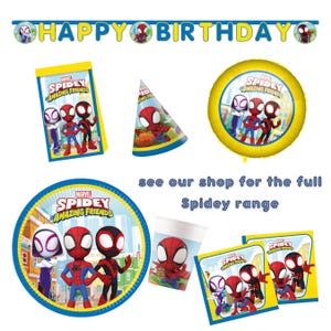 May include: A Marvel Spidey and His Amazing Friends party supply set including a Happy Birthday banner, a rectangular gift bag, a cone-shaped party hat, a round balloon, a round plate, a paper cup, and two square napkins, all featuring character graphics.