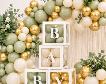 BABY Balloon Boxes Baby Shower Decoration – 4 Pack 30cm Stackable Boxes with Balloons – Neutral, Pink or Blue Gender Reveal Decor