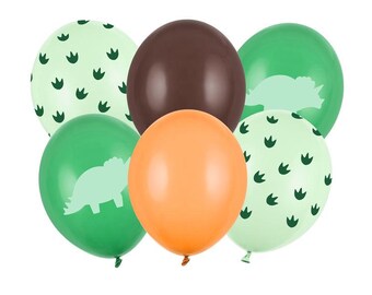 Dinosaur Latex Balloon Pack - 6 balloons included, 30cm balloons, 11" balloons, green brown dinosaur print balloons, dinosaur party balloons