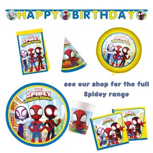 K&ouml;nnte beinhalten: Eine Sammlung von Spidey und seinen Amazing Friends Partyartikeln. Enth&auml;lt ein Banner mit der Aufschrift "Happy Birthday", einen Teller, Servietten, eine Partyh&uuml;tchen, einen Becher und einen Ballon. Die Produkte zeigen die Spidey-Charaktere im Cartoon-Stil.
