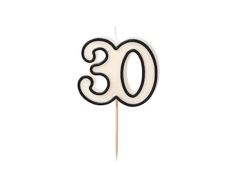 30th Birthday Number Candle | Black & White Monochrome | 5.5cm high | Elegant Cake Candle