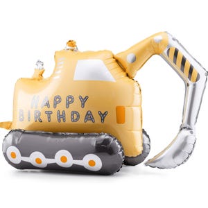 Może przedstawiać: Żółty balon w kształcie koparki z napisem "HAPPY BIRTHDAY". Posiada srebrne ramię i czarne gąsienice z pomarańczowymi akcentami. Idealny na przyjęcie urodzinowe o tematyce budowlanej.