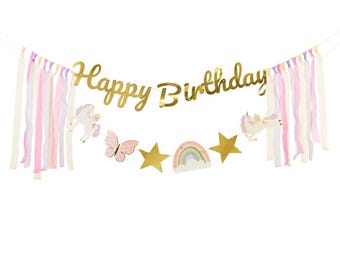 Unicorn Happy Birthday Banner - Pink Happy Birthday Banner, Unicorn Party, Unicorn Themed Birthday Party, Girl Party Decorations, Pink Gold
