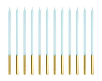 Bougies d'anniversaire bleu clair, grandes bougies pour gâteau, 14 cm, lot de 12, bougies de fête pastel, décoration de gâteau minimaliste, fournitures pour baby shower, or bleu