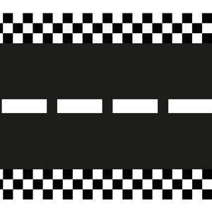 May include: A graphic design featuring a black road with white dashed lines and a checkered flag pattern at the top and bottom. The design is a repeating pattern, suitable for various applications.