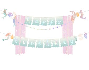 Mermaid Happy Birthday Banner | Under The Sea Party Banner | Mermaid Birthday Decorations | Girls Party Decor Garland