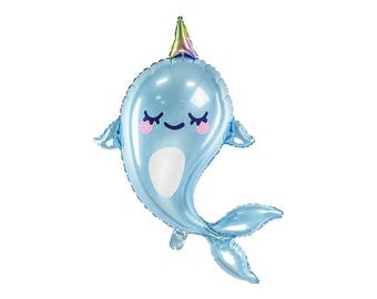Folieballon narwal, 53 x 87 cm, oceaanfeestdecoratie, onder de zee verjaardagsdecor, verjaardagsfeestje zeemeermin thema, blauwe verjaardagsballon