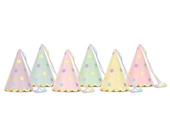 Pastel Party Hats Pack of 6 | Birthday Party Hats with Gold Stars | Kids Party Hats with Ribbon | Princess Party Decorations