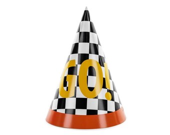 May include: A party hat with a black and white checkered pattern, featuring the word "GO!" in yellow. The hat has a red-orange base and a pointed top, perfect for a race car themed party or celebration.