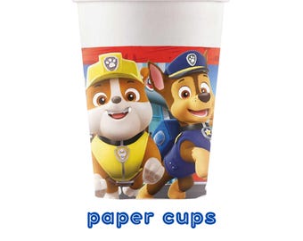Vasos de papel de Paw Patrol / Paquete de 8 / Vasos para fiestas de 200 ml / Vajilla para fiestas infantiles / Tema de los cachorros héroes de rescate con Chase y Rubble
