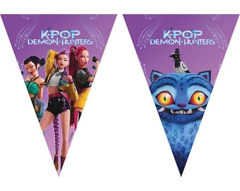 K-Pop Demon Hunters Paper Triangle Flag Banner | KPop Kids Birthday Party Decorations | Purple & Pink Bunting