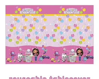 Gabby’s Dollhouse Reuseable Tablecover | Gabbys Birthday Party Supplies Decorations Girls Party | Pink Party Table Cloth Tableware Wipeable