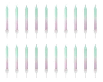 Ombre-födelsedagsljus, lila rosa gröna tårtljus, set med 20 med hållare, gradient partyljus, barntårta sjöjungfru enhörning