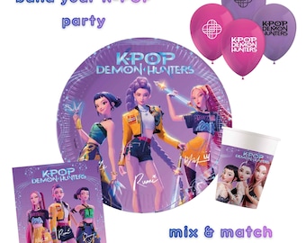 K-Pop Dämonenjäger Party Dekoration für 8 Kinder | Geburtstags-Set | Teller Tassen Servietten Luftballons, Pink & Lila KPop Party
