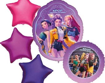 K-Pop Demon Hunters Bouquet Foil Balloons - 5pk | Kpop Birthday Party Decorations | For helium or air | Purple & Pink K-Pop Balloon Set