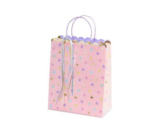 Pink Gift Bags with Pastel Stars | Large Party Gift Bags with Ribbon Detail | Kids Birthday Party Bags | Pink and Gold Gift Packaging