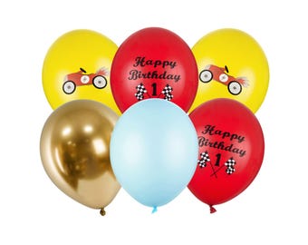 Happy Birthday Racing Balloons, 30cm Party Balloons, Colourful Vehicle Theme Mix