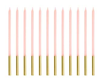 Pastel Pink Birthday Candles, Tall Cake Candles, 14cm, Set of 12, Pink and Gold Party Candles, Stylish Cake Decor, Kids Party Supplies