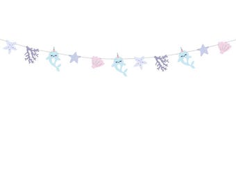 Guirlande de narval, bannière de fête océan, déco fête sous la mer, décorations d'anniversaire de sirène, kit DIY de guirlande de narval, rose bleu violet