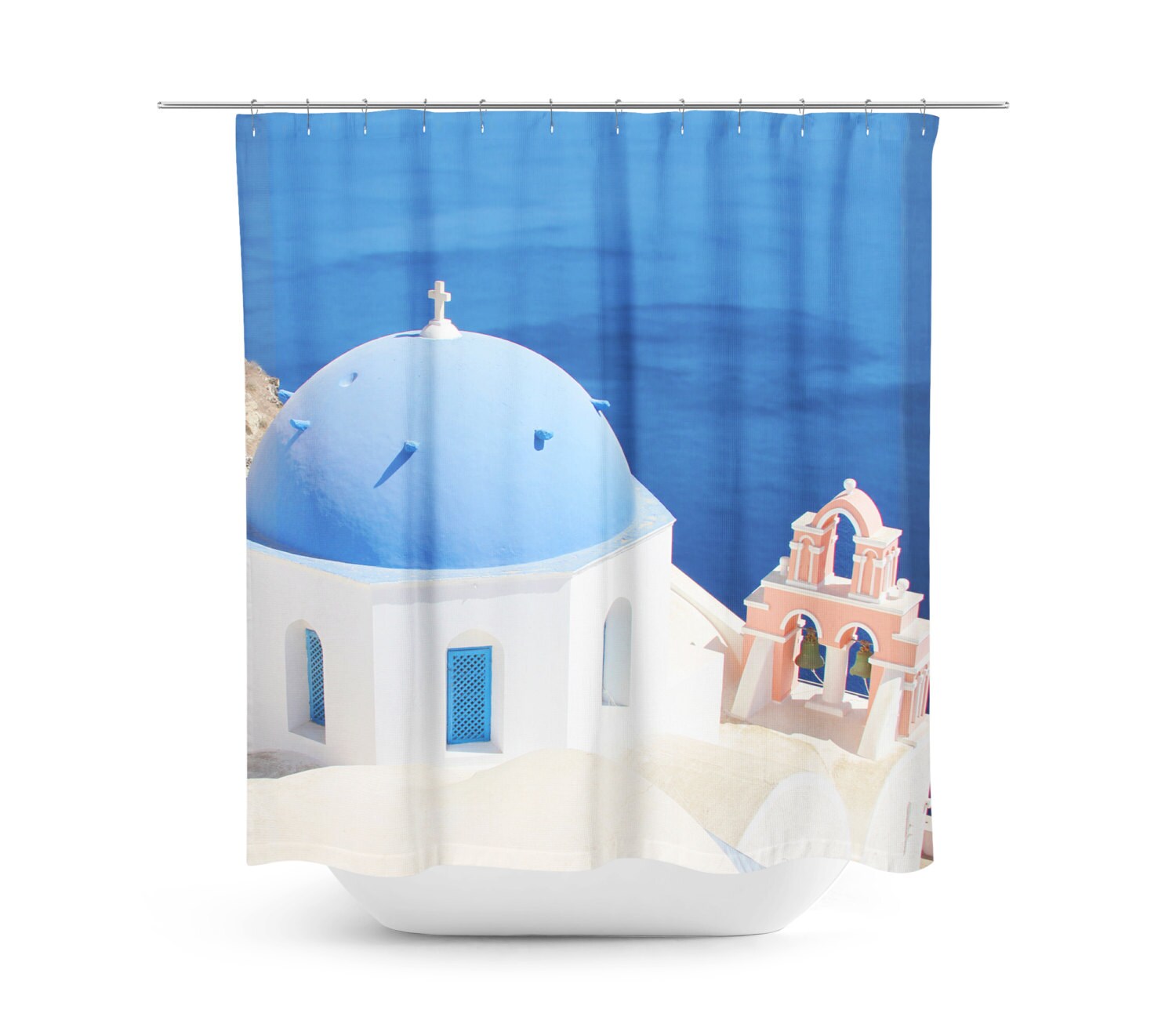 Greek Shower Curtain Pink and Blue Decor Sanorini Greece Etsy