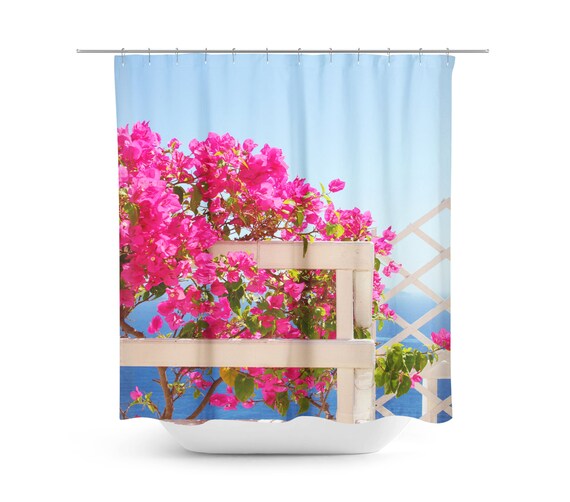Art Shower Curtain Santorini Greece Pink Flowers Blue Image 0