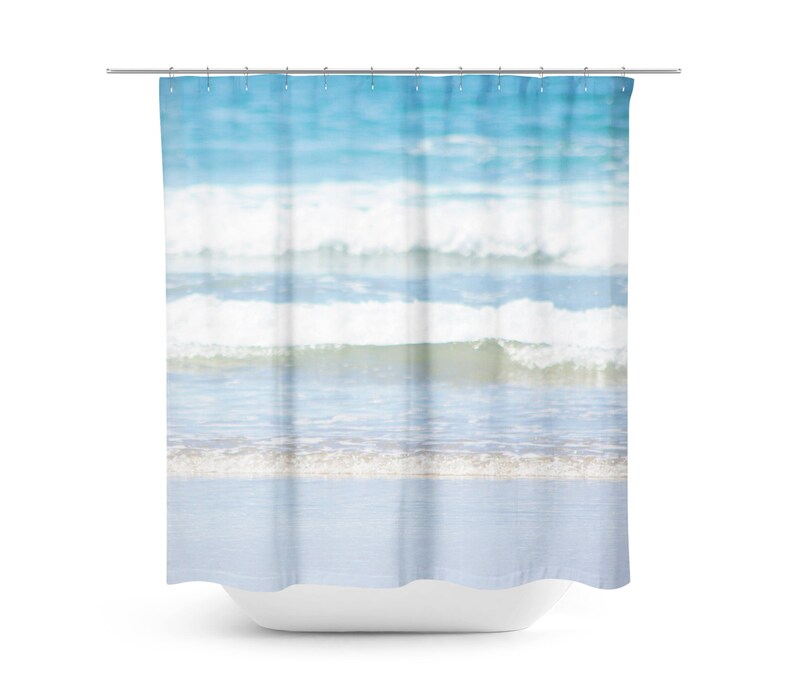 Beach Shower Curtain Blue And White Photo Ocean Wave Nautical Decor Bathroom Minimalist Photography