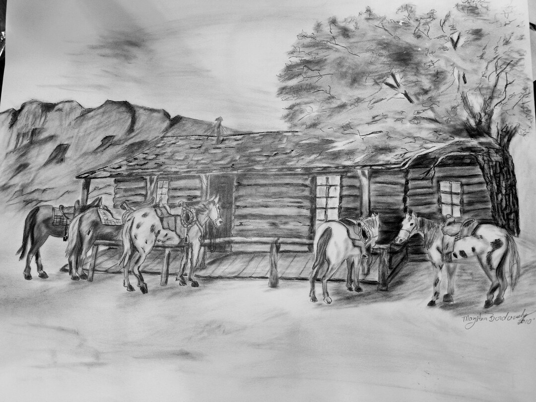 Legacy Ranch Drawings Ranch House With Horses - Etsy